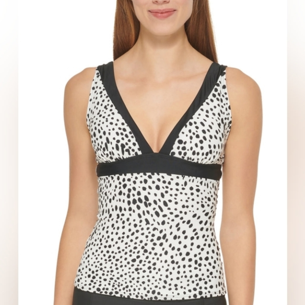 DKNY Printed Tankini Swim Top White Black‎ Spotted S